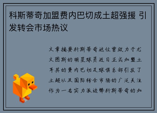 科斯蒂奇加盟费内巴切成土超强援 引发转会市场热议