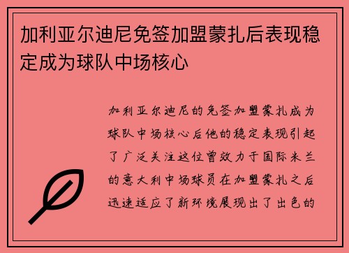 加利亚尔迪尼免签加盟蒙扎后表现稳定成为球队中场核心