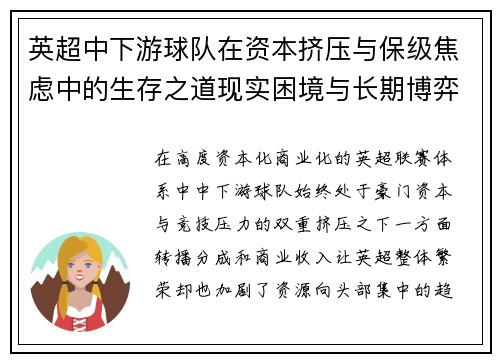 英超中下游球队在资本挤压与保级焦虑中的生存之道现实困境与长期博弈 英超中下游球队在资本挤压与保级焦虑中的生存之道现实困境与长期博弈